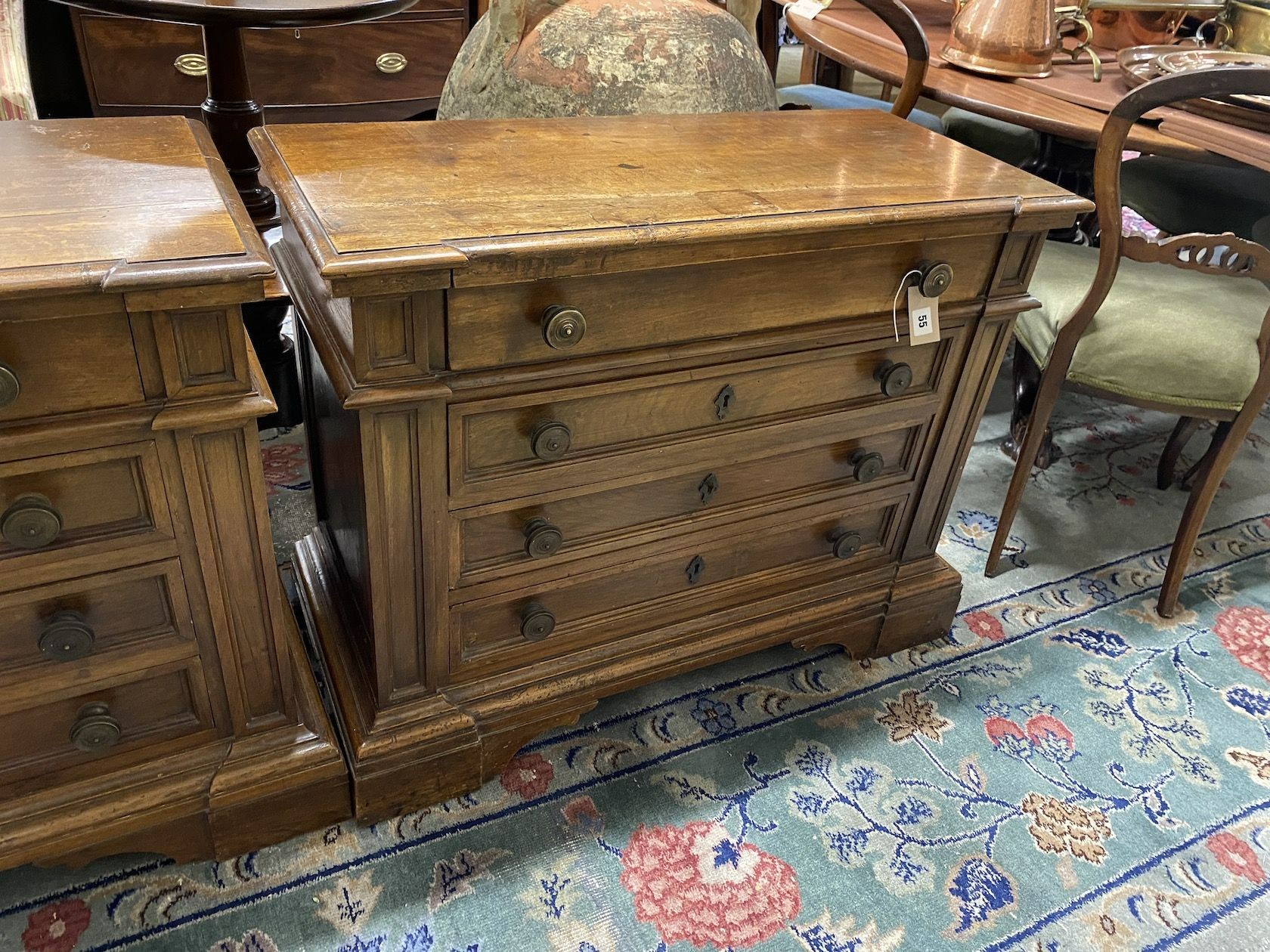 A pair of 18th century style Italian walnut low four drawer chests, width 89cm, depth 40cm, height 70cm
